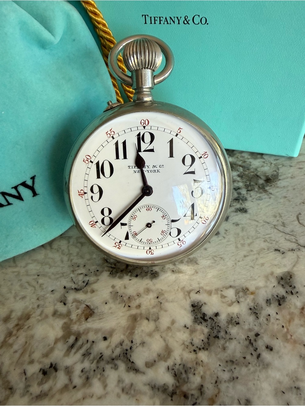Tiffany & Co. Silver Colored 8 Day Pocket Watch with White Dial Black Numerals